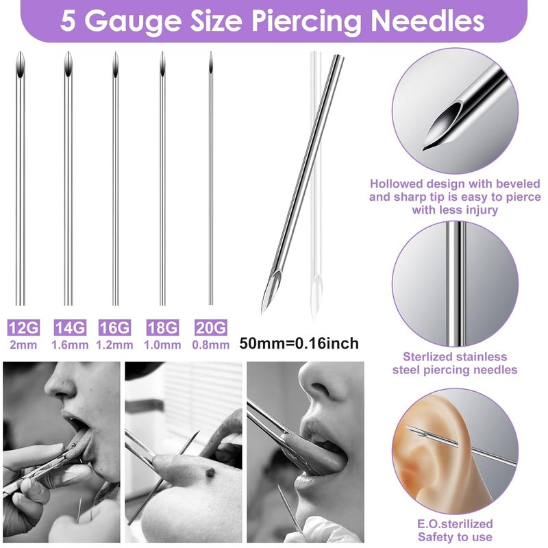 Evatage Store طقم ثقب الجسم 186 قطعة مع إبر ثقب 14G/16G/18G/20G ومجوهرات وأدوات ثقب للأذن والأنف وسرة البطن والحلمة والشفة والغضروف والحاجب واللسان وسرة البطن - طقم ثقب لجميع الثقوب - Image 5